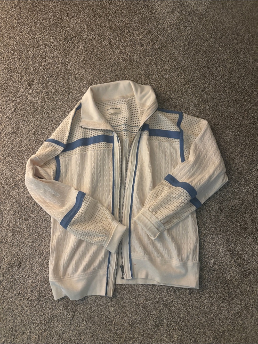 We The Free Cream Zip-Up Cardigan with Blue Stripe Trim